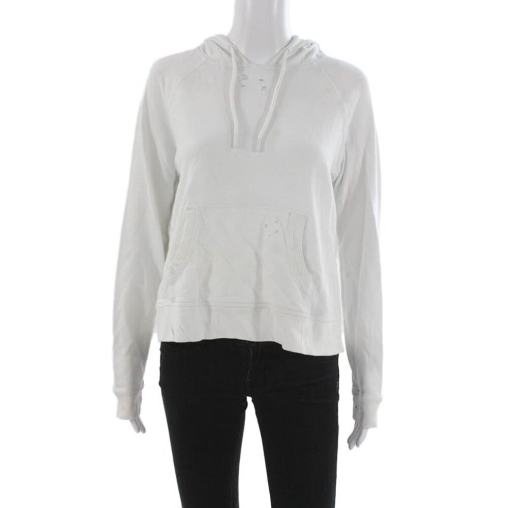 Leallo Women Pullover Hoodie White 100% Cotton Drawstring Long Sleeve Size M